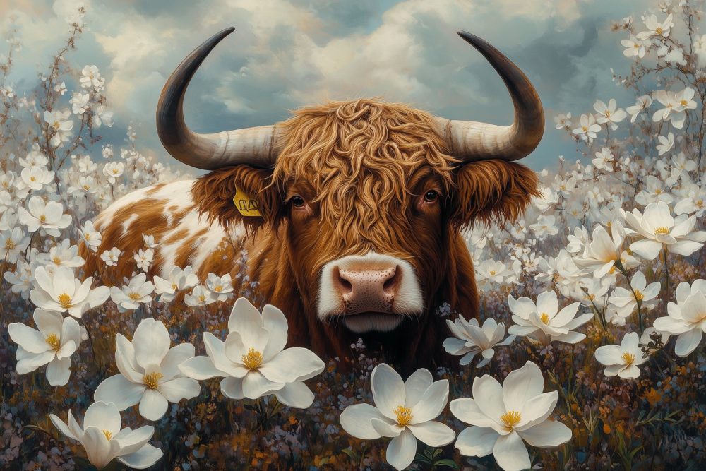 Gekroonde koe in bloemenweide behang