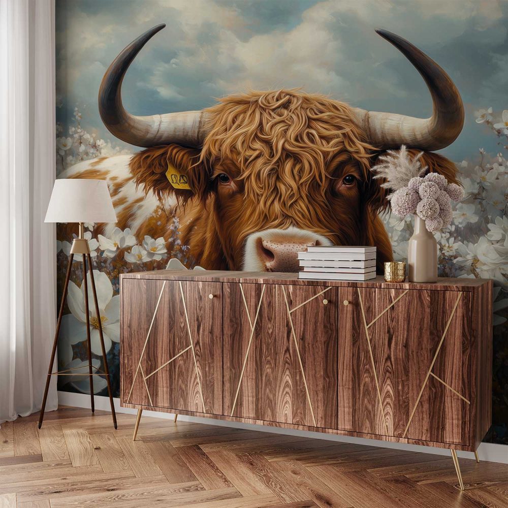Alternative view of Gekroonde koe in bloemenweide behang