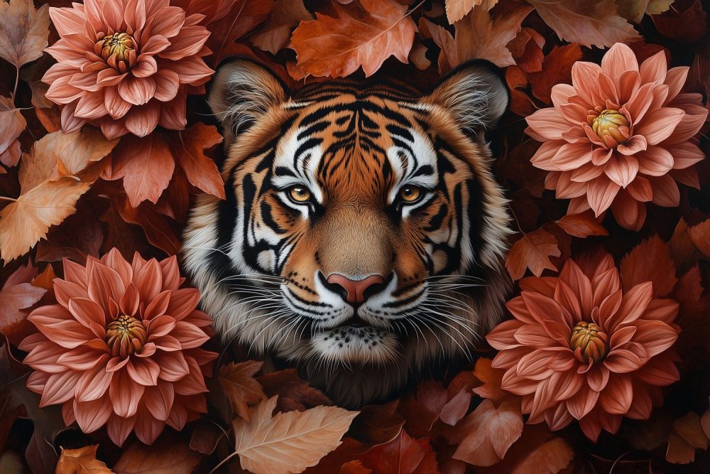 Tijger tussen bloemenportret behang