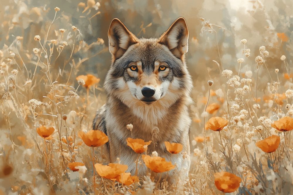 Wolvenbloemen in oranje veld behang