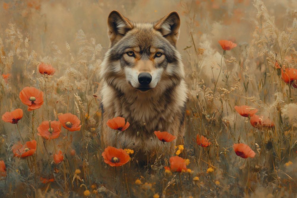 Wolf in bloemenveld behang