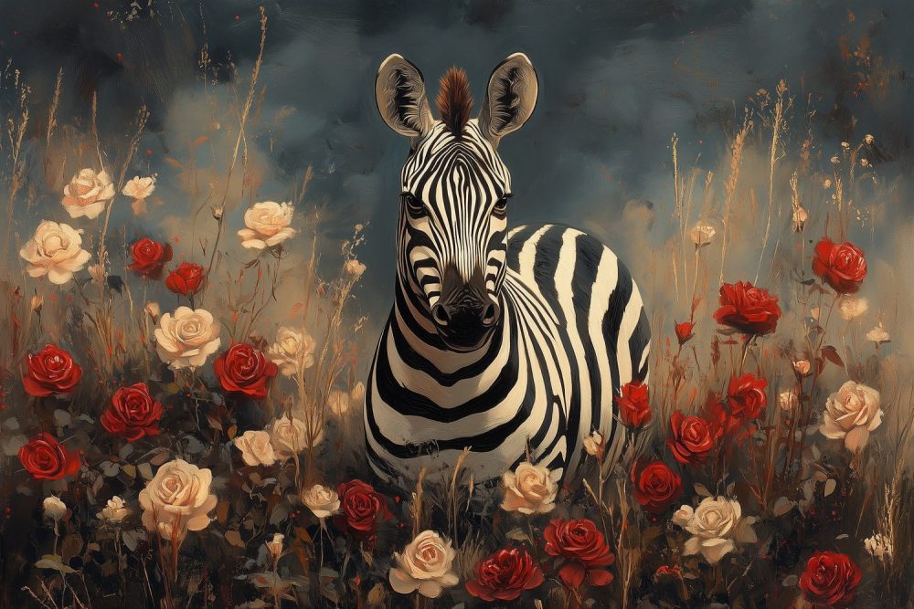 Zebra tussen rode rozen behang