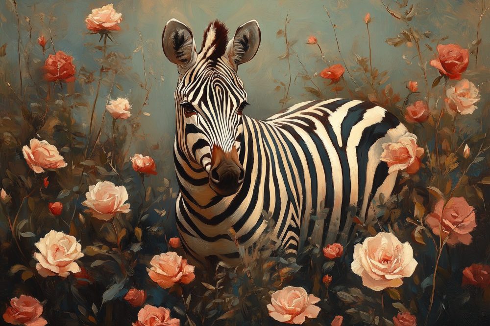 Zebra in bloemenveld behang