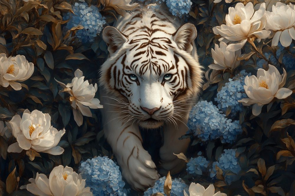 Witte tijger tussen blauwe bloemen behang