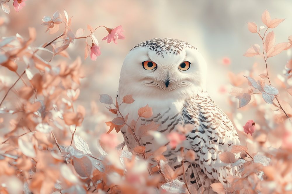 Witte Uil in Roze Bloemen behang