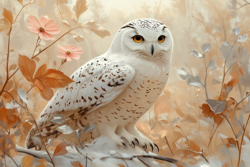 Witte uil in bloemenveld behang