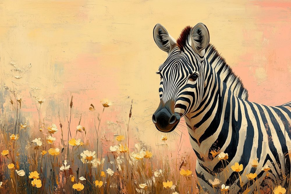 Zebra in kleurrijke bloemenweide behang