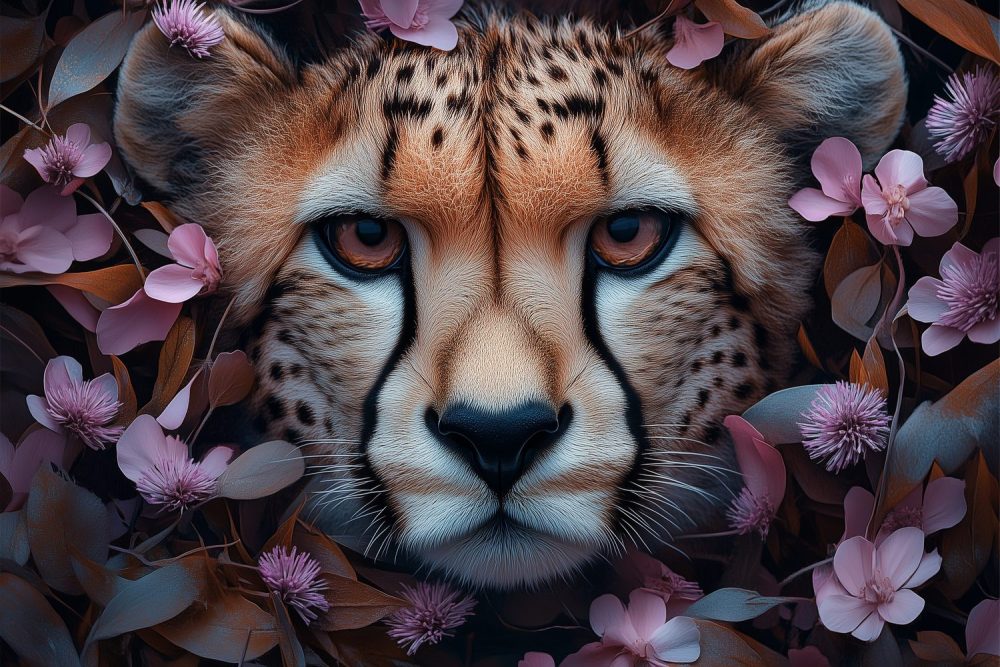 Cheetah tussen roze bloemen behang