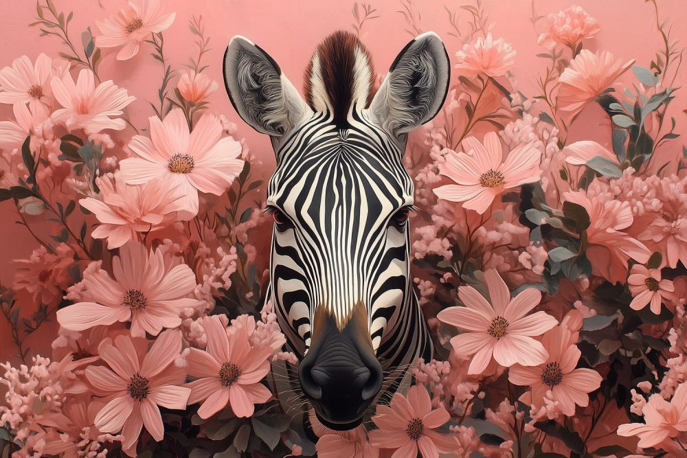 Zebra tussen roze bloemen behang