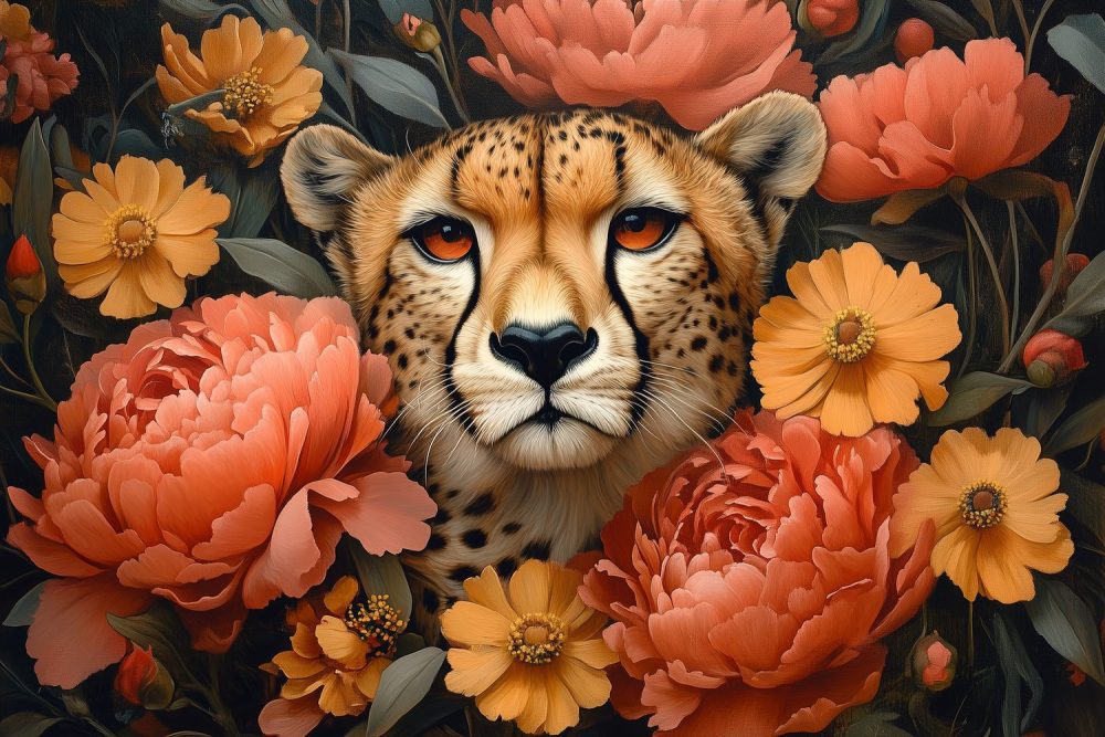 Cheetah tussen kleurrijke bloemen behang