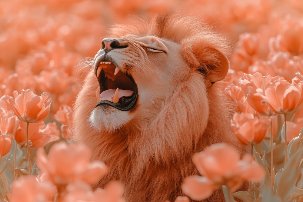 Majestueuze leeuw tussen oranje bloemen behang