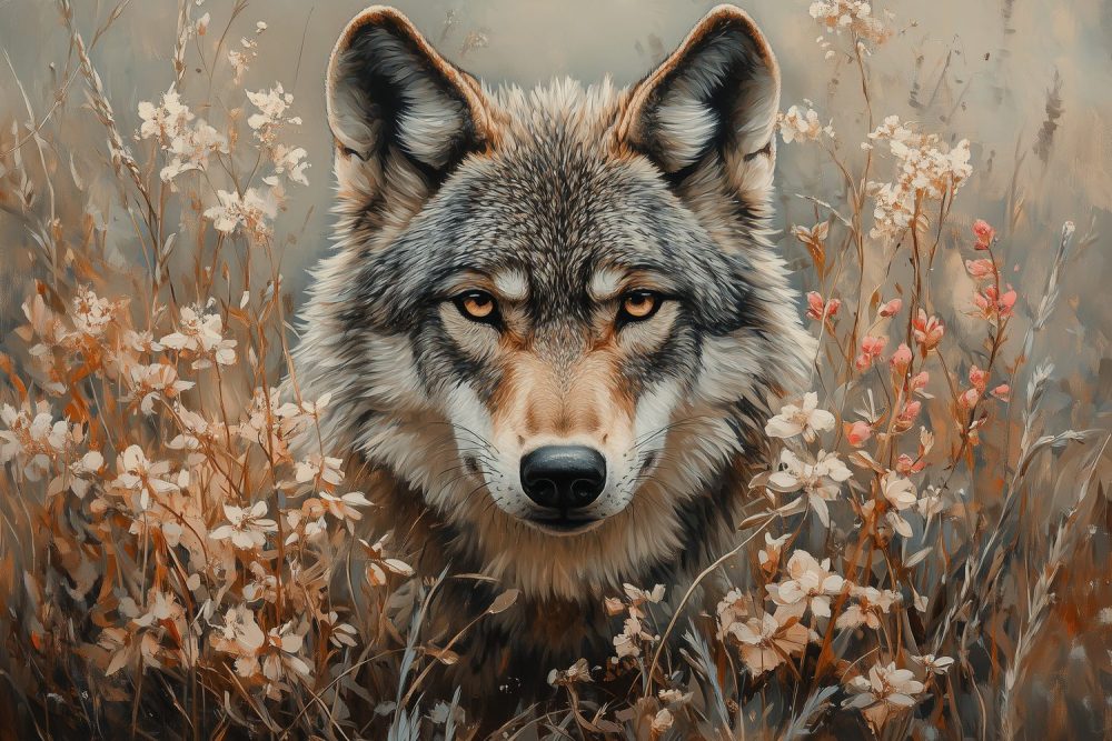 Wolvenblik in bloemenveld behang