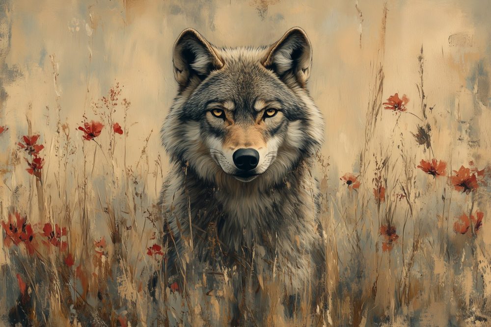Wolvenportret met rode bloemen behang