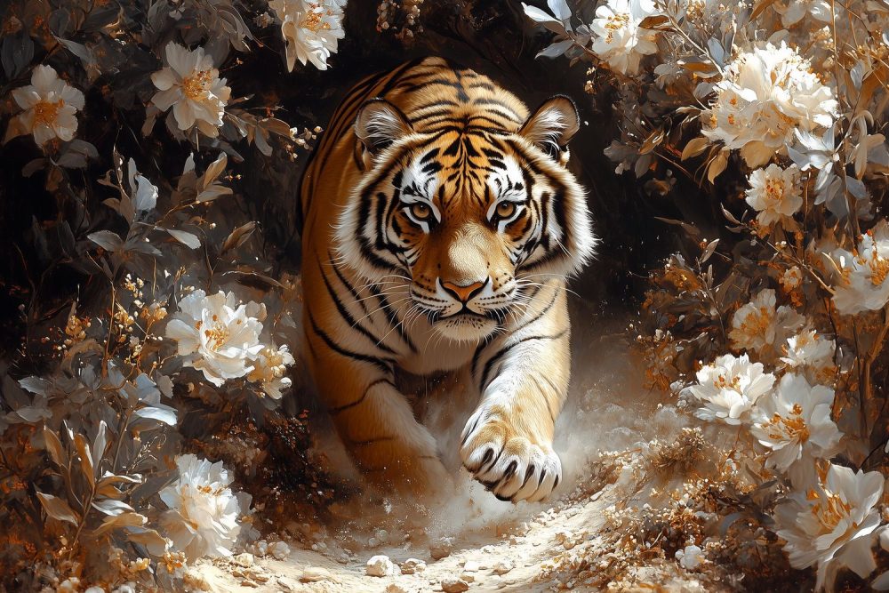 Majestueuze tijger in bloemenbos behang