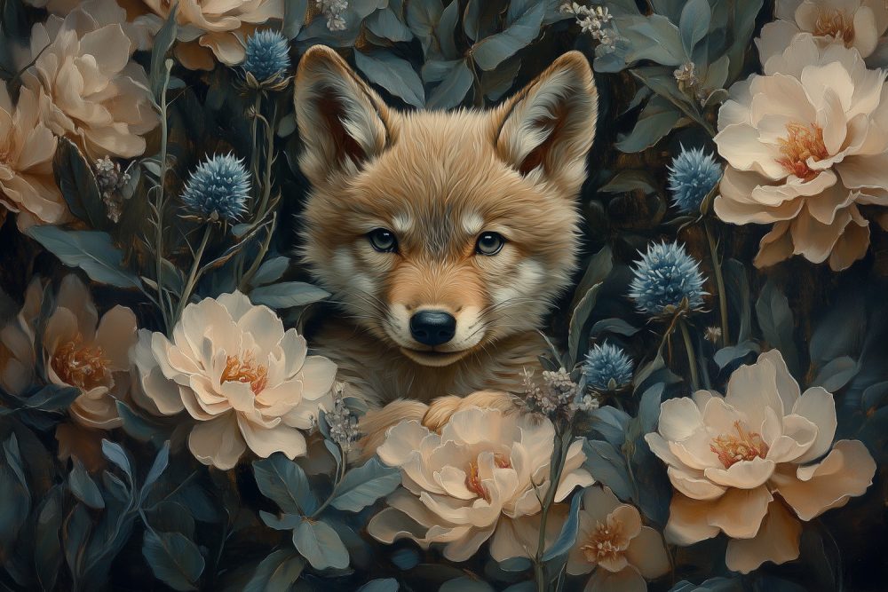 Speelse vos in bloemenzee behang