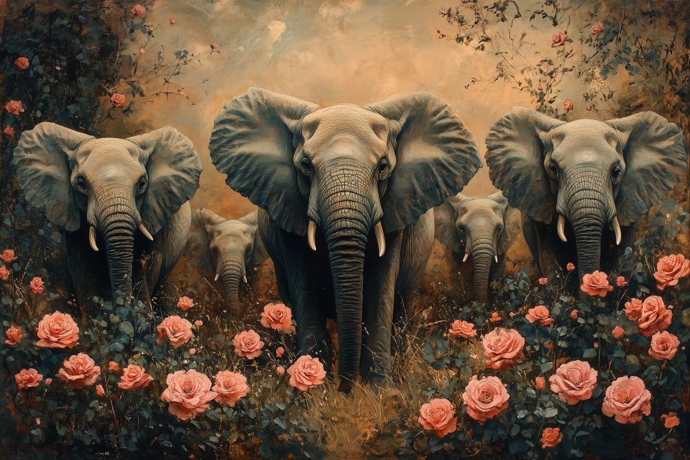 Roze bloemenveld met olifanten behang