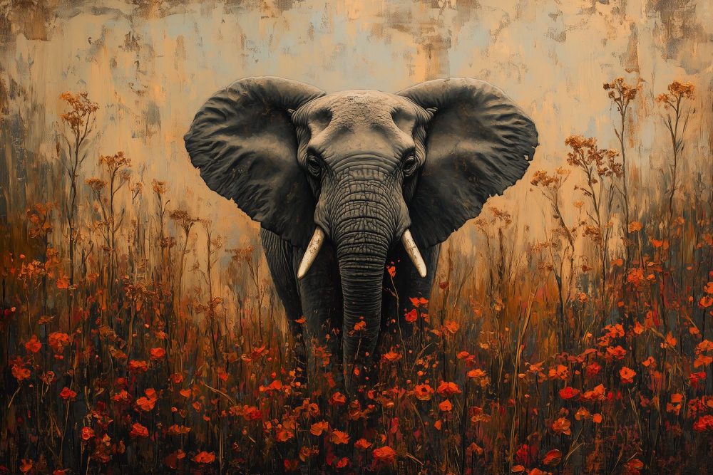 Majestueuze olifant tussen rode bloemen behang