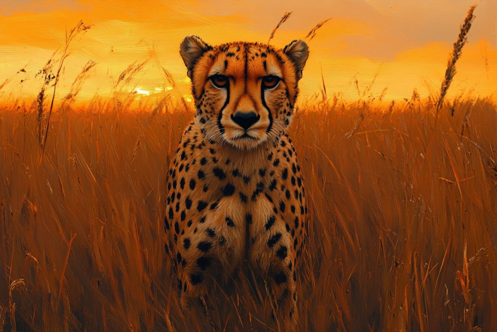 Zonsondergang met jagende cheetah behang