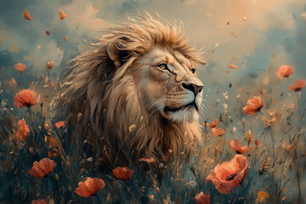 Majestueuze leeuw in bloemenveld behang