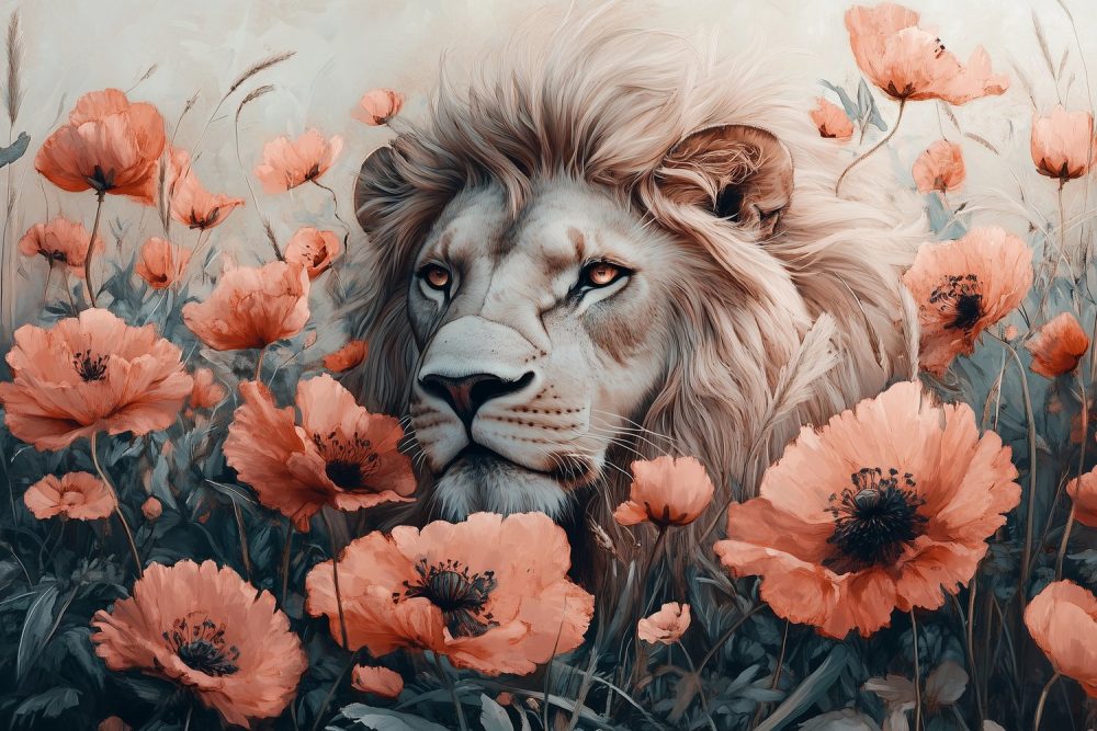 Witte leeuw in oranje bloemen behang