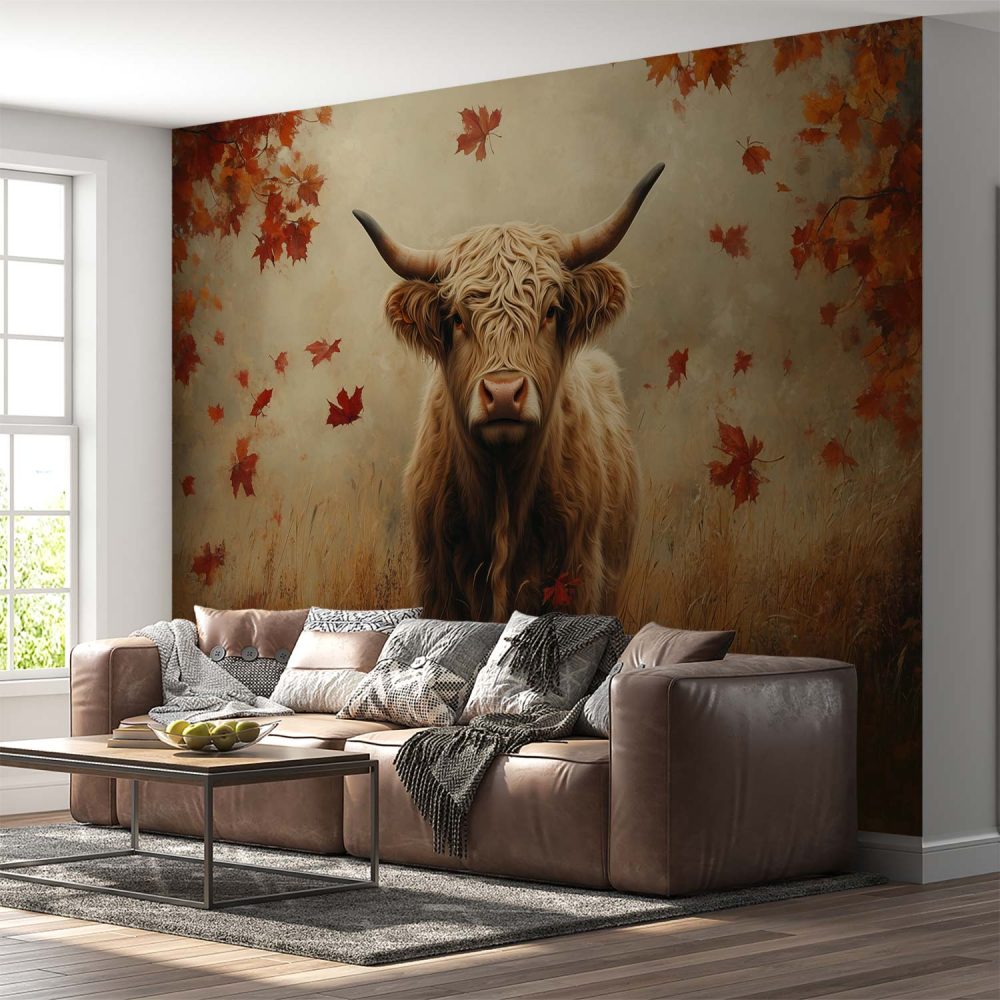 Alternative view of Hertachtige koe in herfst behang