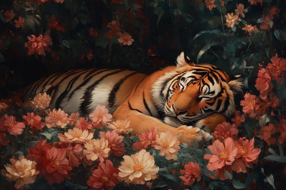 Rustende Tijger in Bloemenveld behang