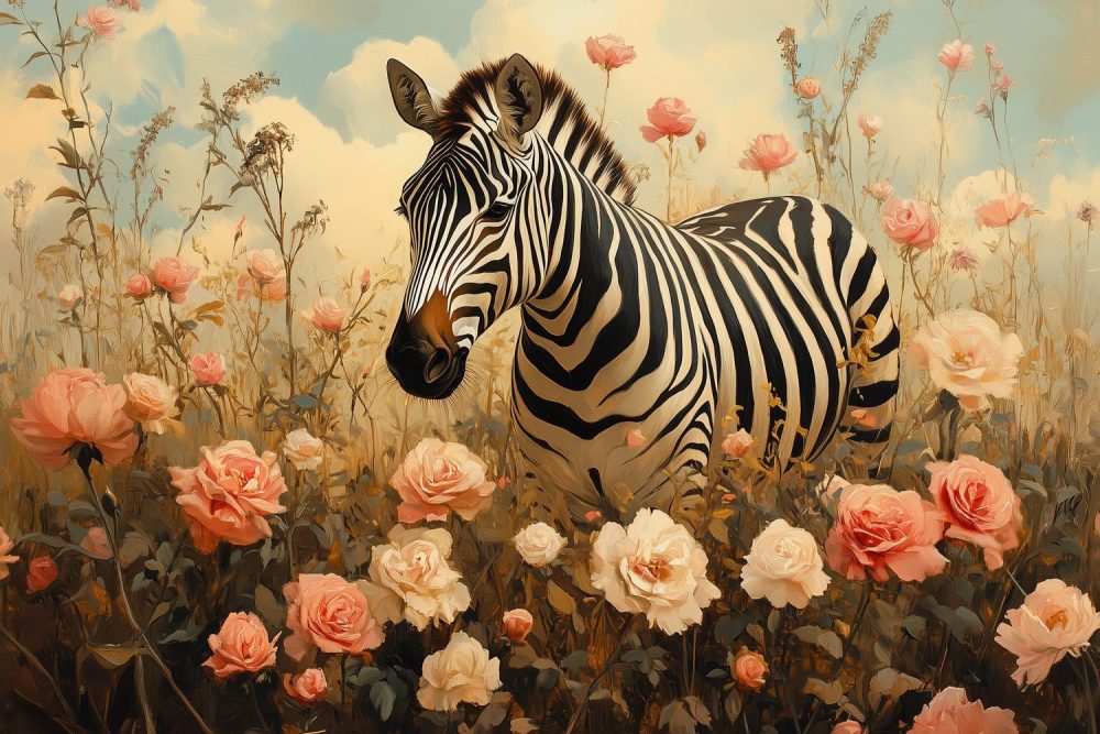 Zebra in bloemenveld behang