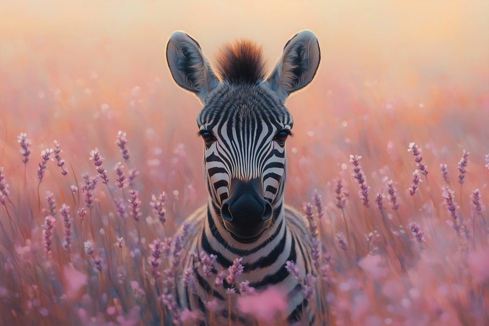 Zebra in paarse bloemen behang