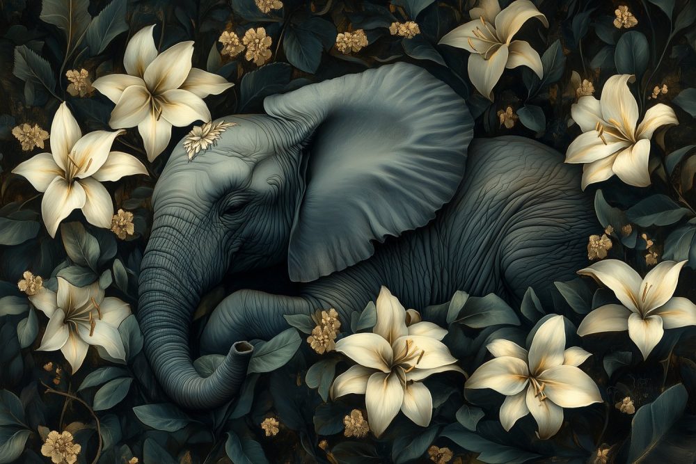 Rustige Olifant in Bloemen behang