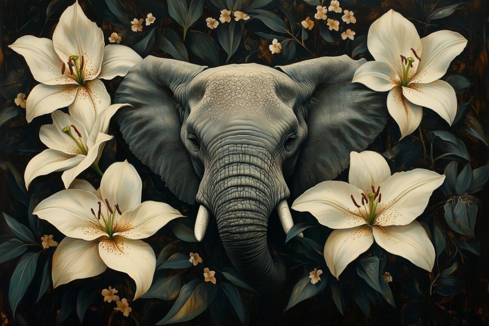 Grijze olifant tussen bloemen behang