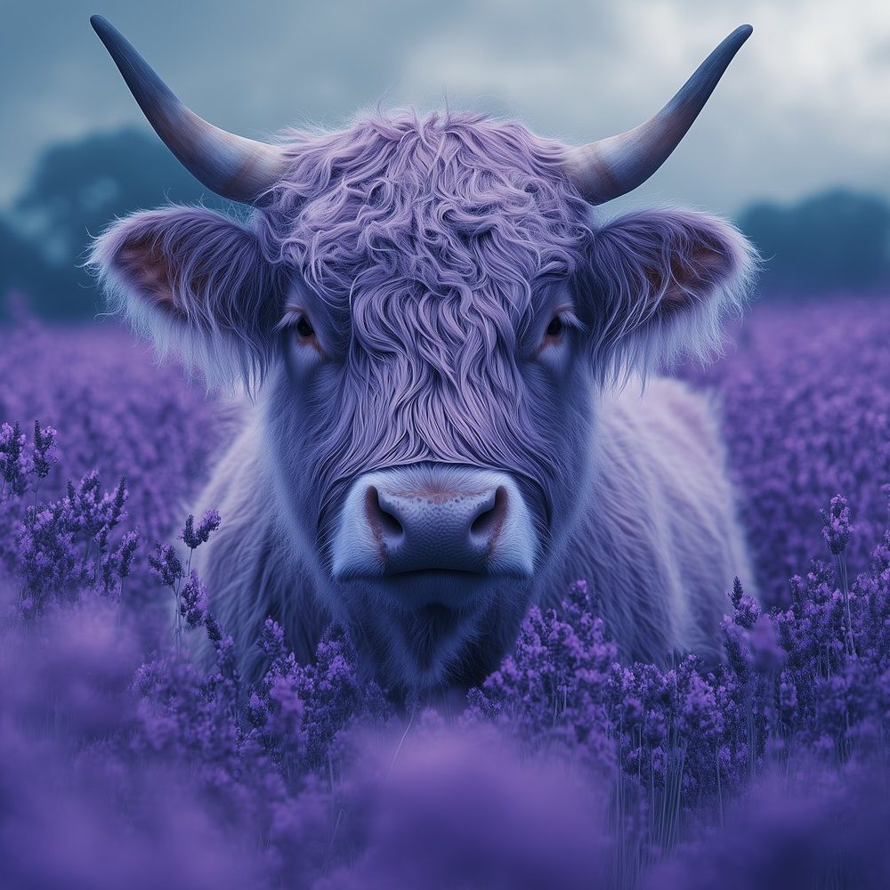 Harige koe in paarse bloemen behang
