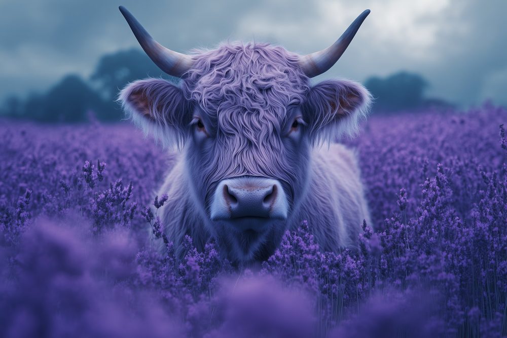 Harige koe in paarse bloemen behang