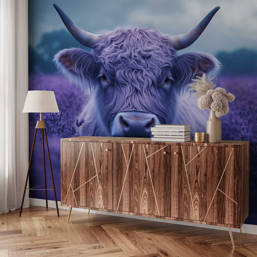 Alternative view of Harige koe in paarse bloemen behang