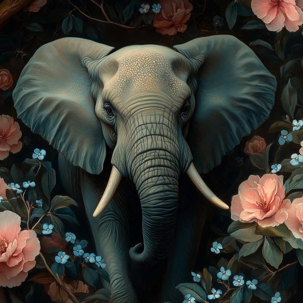 Grijze olifant in bloementuin behang