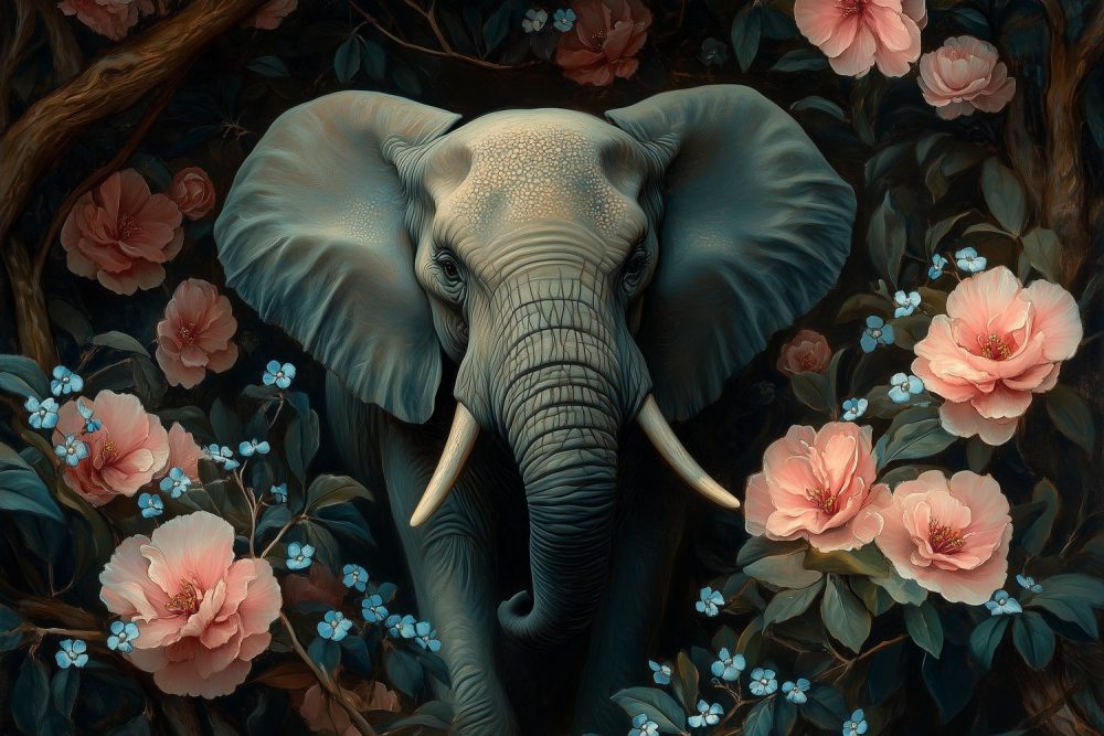 Grijze olifant in bloementuin behang