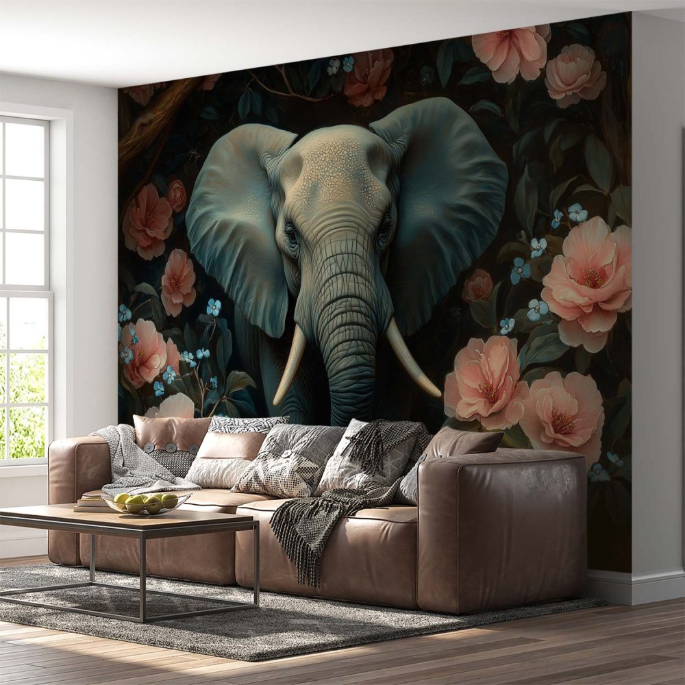Alternative view of Grijze olifant in bloementuin behang