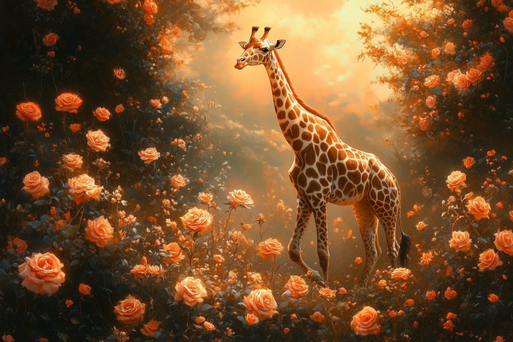 Giraf in oranje zonsondergang behang