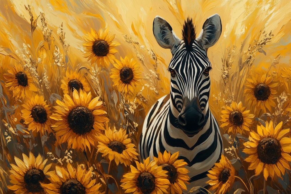 Zebra in zonnebloemveld behang