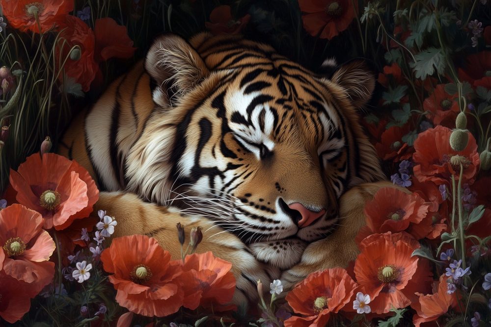 Tijger in rode klaprozen behang