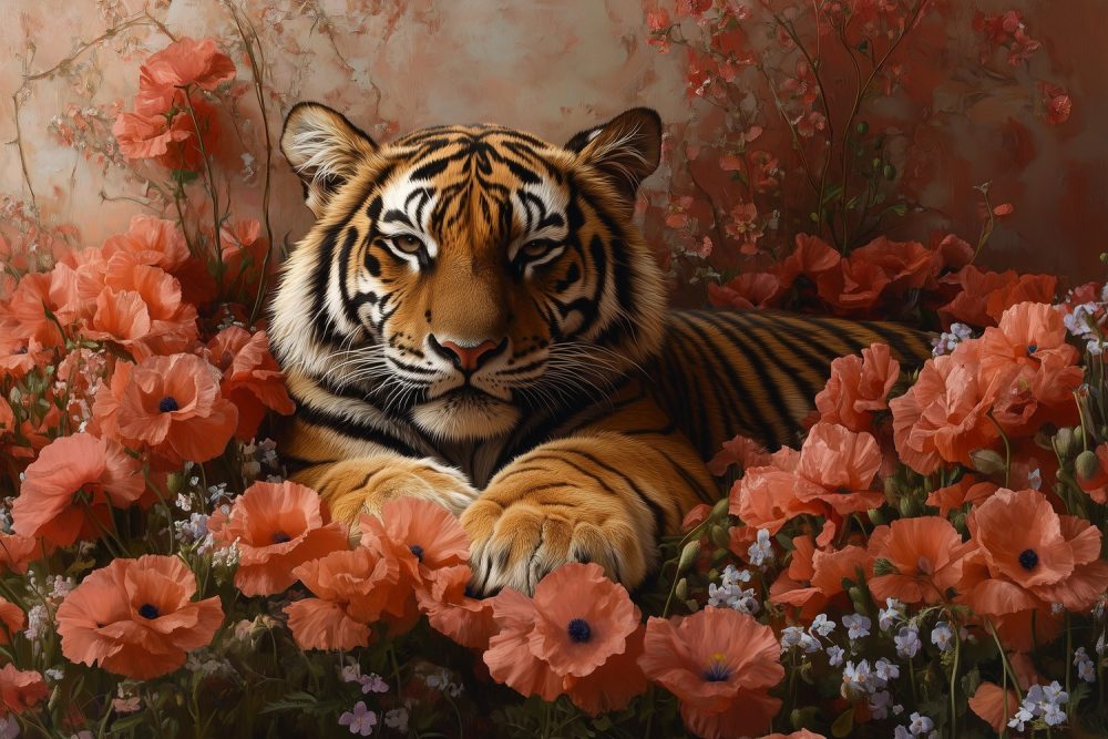Tijger in kleurrijke bloemenveld behang