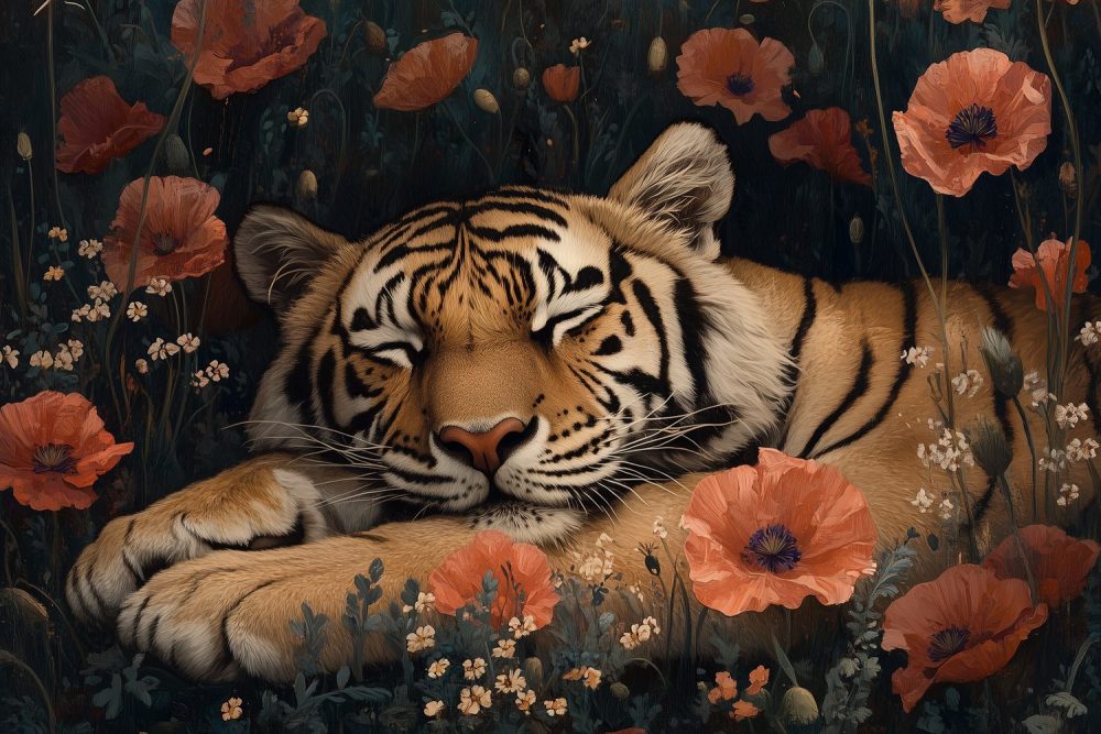 Rustige tijger tussen bloemen behang