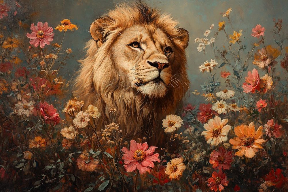 Majestueuze leeuw in bloemenveld behang