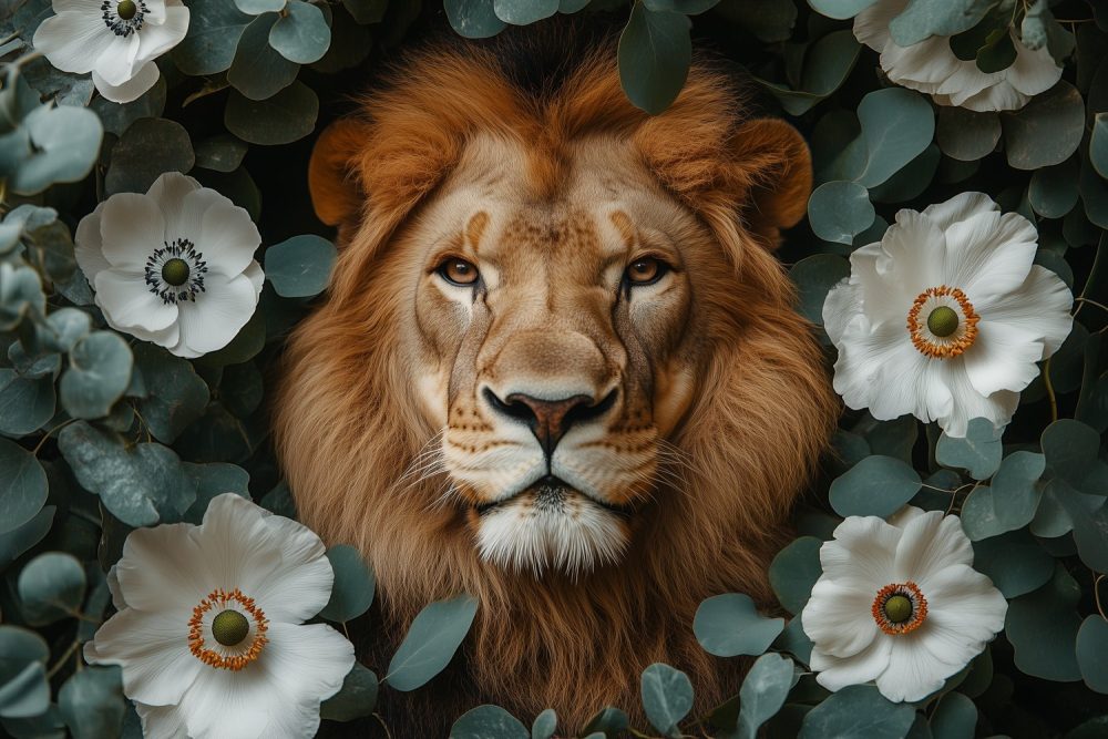 Koningsleeuw in Bloemenpracht behang