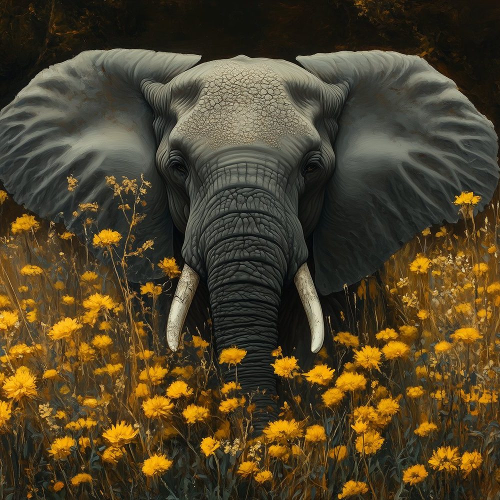 Grijze olifant in bloemenveld behang