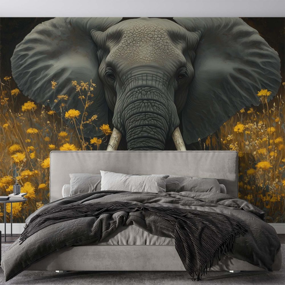 Alternative view of Grijze olifant in bloemenveld behang