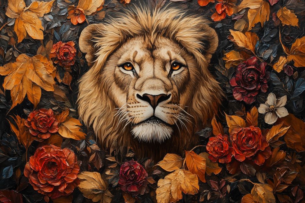 Majestueuze leeuw in herfst behang