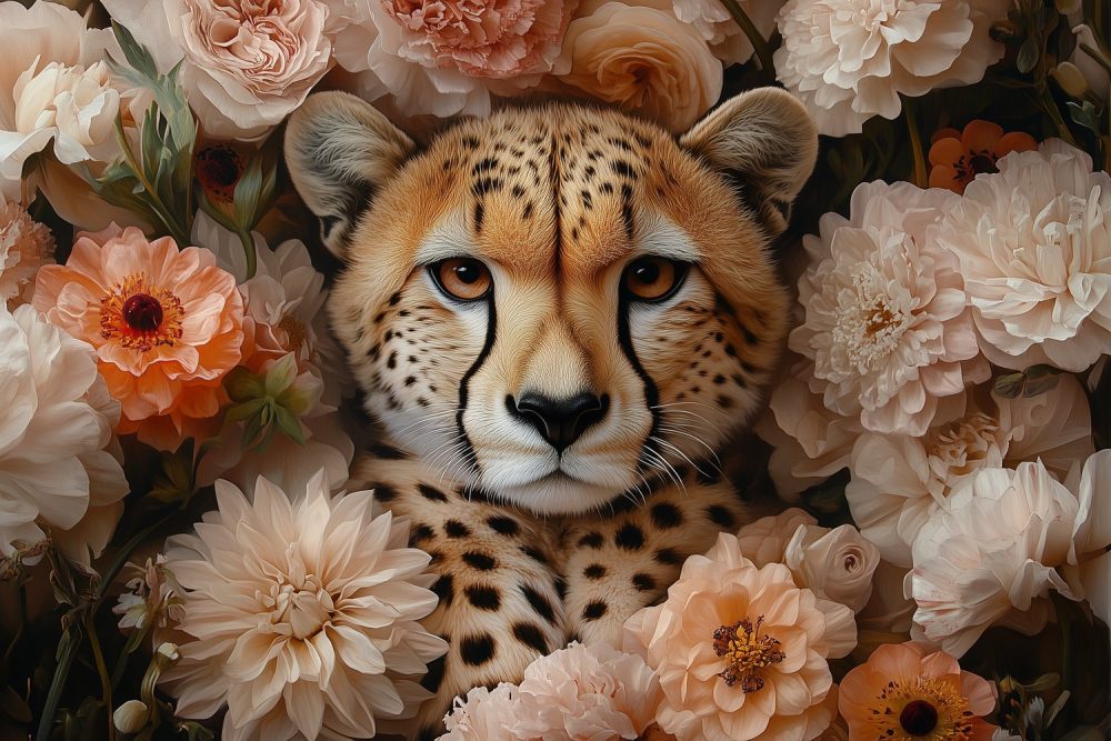 Cheetah tussen kleurrijke bloemen behang