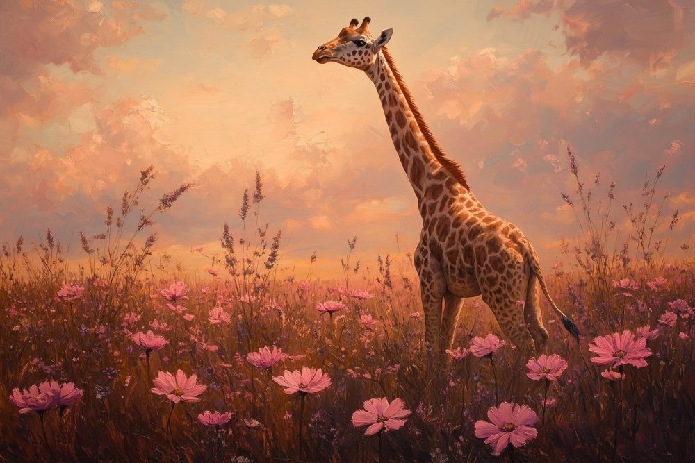 Roze bloemen giraf schilderij behang
