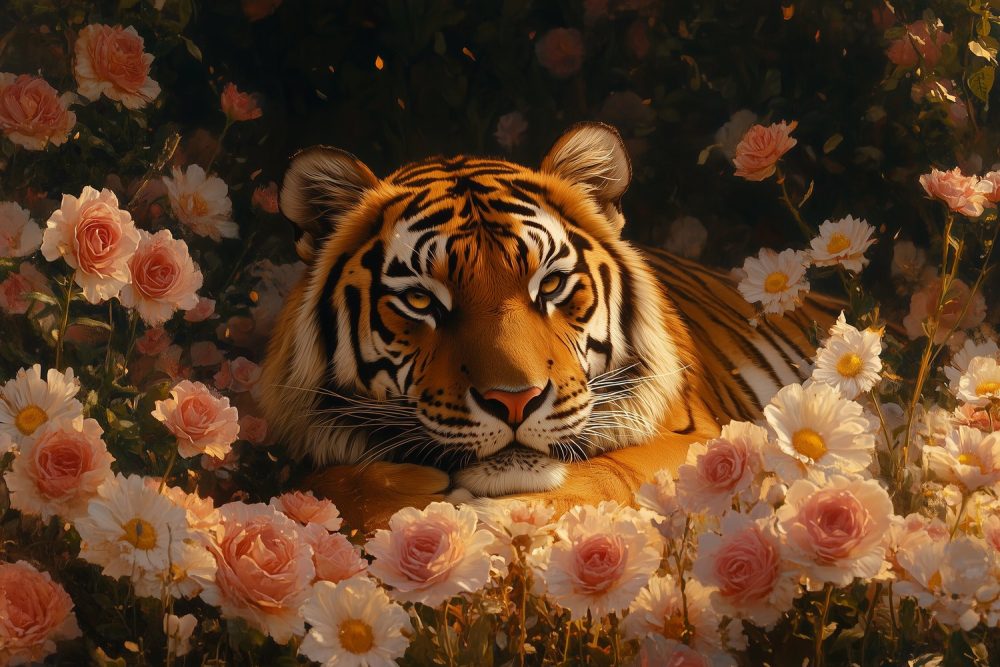 Tijger in bloemenzee behang