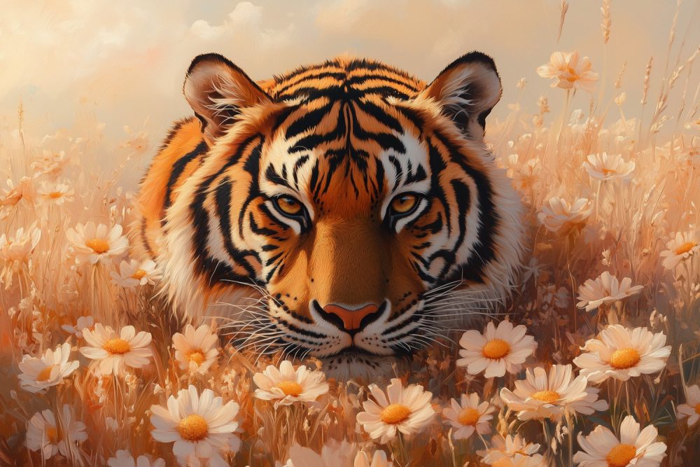 Tijger tussen bloemenveld behang